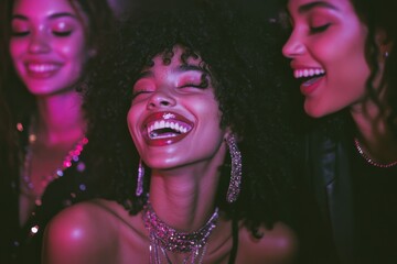 Obraz premium Joyful Laughter Under Neon Lights on the Dance Floor