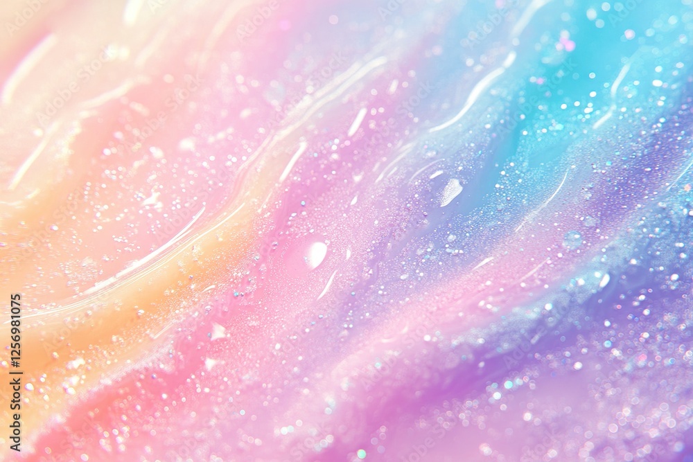 Poster pastel rainbow glitter: shimmering liquid abstract background with flowing colors and sparkling effe