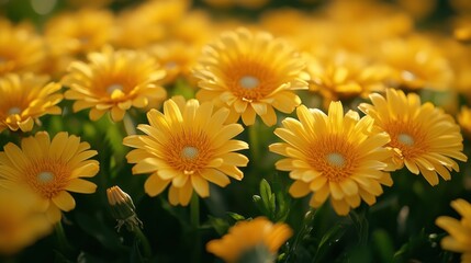 Obraz premium Yellow flowers garden sunset nature background