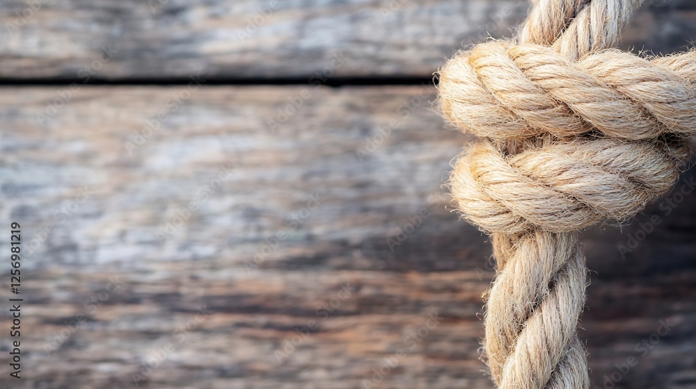 Poster close up view of a natural rope knot tied securely against a rustic wooden background : generative a