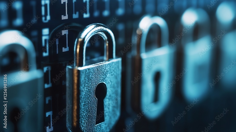 Aufkleber Row of shiny padlocks on a modern digital background symbolizing security and protection : Generative AI