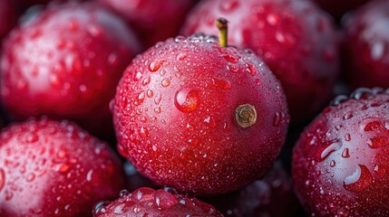 Fresh, dewy red apples clustered together, showcasing vibrant colors and water droplets, ideal for food photography