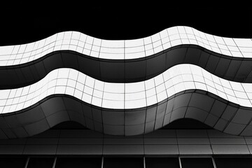 A monochromatic style of the wave facade structure, focusing on its elegant curves and texture, set against a stark black background that accentuates every detail in high contrast. 