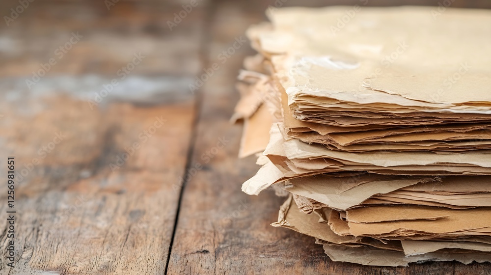 Poster Stacked old vintage papers resting on a wooden surface creating a nostalgic atmosphere : Generative AI