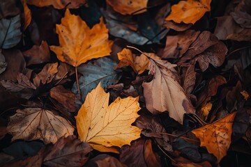 Autumn Scene of Fallen Leaves with Various Shapes and Colors. Yellow and Brown Maple Leaves and Other Types Form a Warm and Melancholy Background