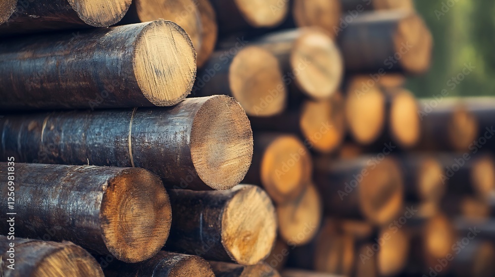 Poster stack of wooden logs neatly arranged showcasing forestry and the raw material industry in nature : g