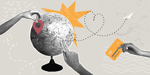Trendy halftone collage. Travel planning concept, choosing a vacation,paying by card, consider. Hand shows place on globe where vacation is planned