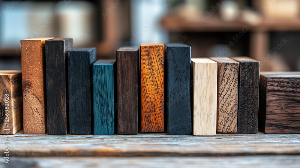 Aufkleber A diverse array of wooden blocks arranged on a rustic surface highlighting natural beauty and craftsmanship : Generative AI