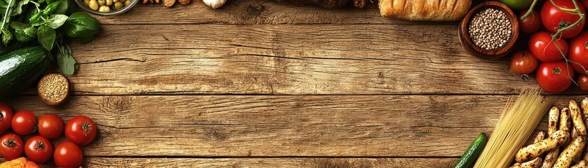 Fototapeta premium Rustic wood table, Italian food ingredients, cooking