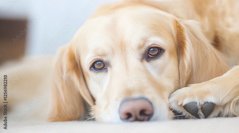 Poster Closeup portrait of a relaxed golden retriever resting on a soft surface : Generative AI