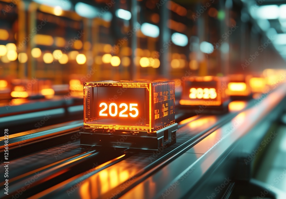 Poster futuristic 2025: automated systems transporting data cubes on conveyor belt in factory setting, illu