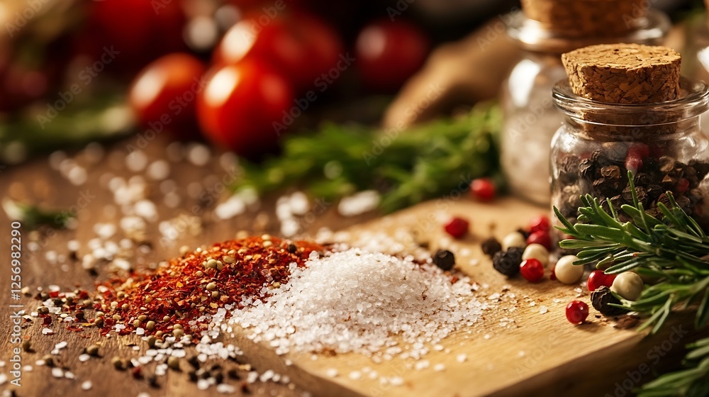 Poster vibrant assortment of spices and salt arranged on wooden table with fresh ingredients : generative a