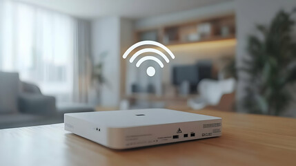 Smart home device on table, wifi signal, living room background