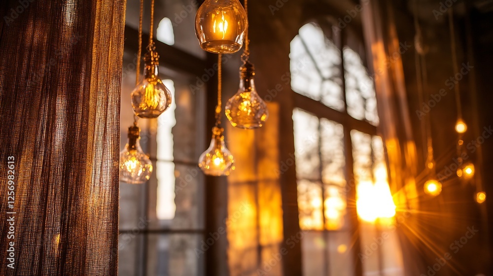 Poster beautifully designed pendant lights illuminating a warm sunset through large windows in an elegant i