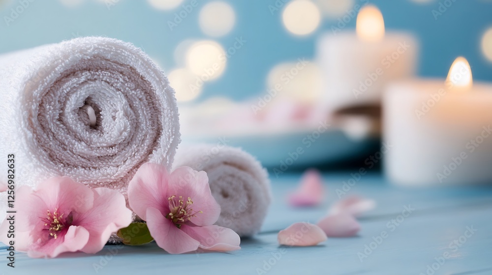 Poster soft rolled towels with flowers and candles on calming blue background for spa ambiance : generative
