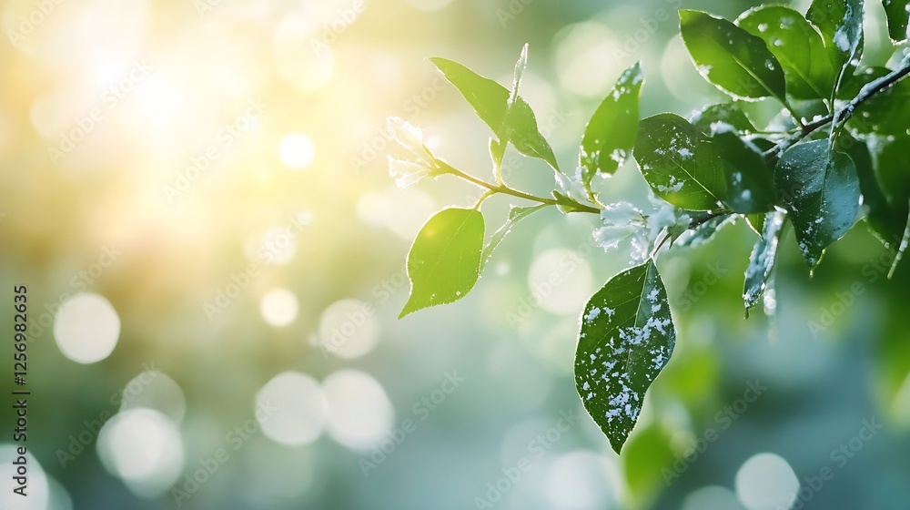 Poster Closeup of green leaves illuminated by sunlight with bokeh effect for nature photography : Generative AI