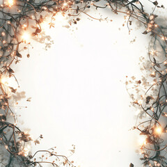 golden vine frame with sparkling lights and shadows on white background for wedding invitation or romantic event