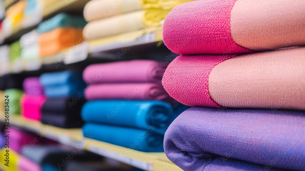 Poster vibrant display of folded towels in various colors arranged neatly on shelves in a home goods store 