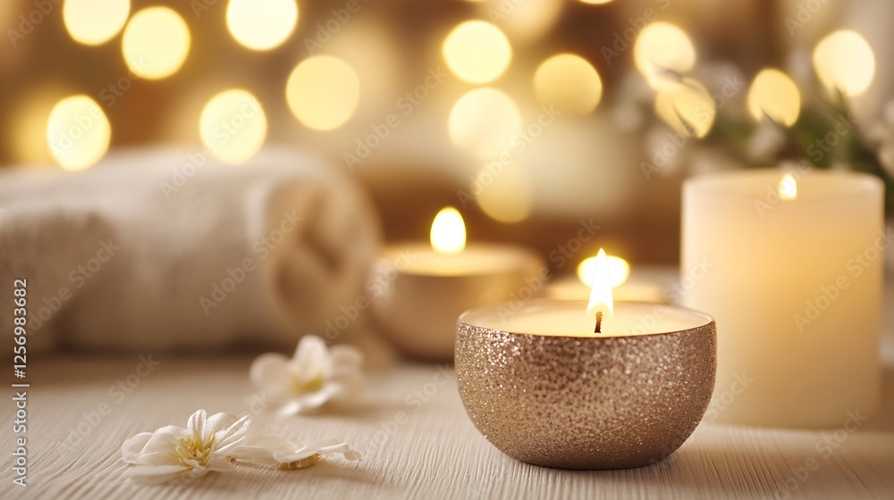 Poster Peaceful ambiance with lit candles and soft towels creating a relaxing spa atmosphere for selfcare : Generative AI