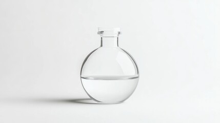Clear glass bottle, half-filled with liquid, on white background; product display