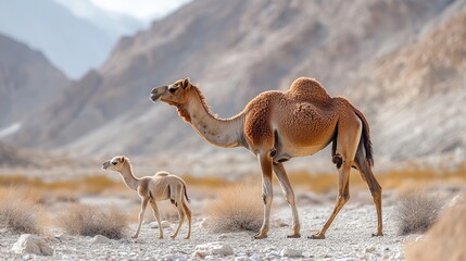 A mother camel and her calf walking through a rocky desert landscape under a cloudy sky