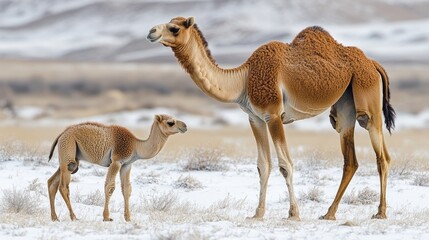 A mother camel and her calf stand in a snowy landscape, showcasing their bond in nature
