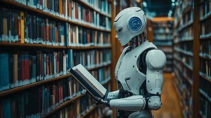 Fototapeta premium A futuristic library featuring a humanoid robot librarian assisting students in finding books. A vision of AI-powered education, blending technology and learning seamlessly.