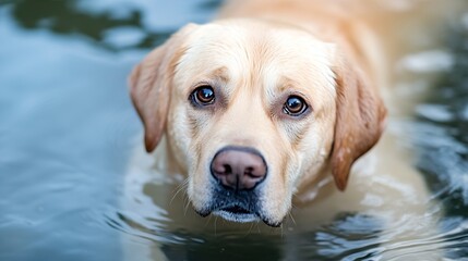 Playful Yellow Labrador Retriever Swimming in Clear Water with a Curious Expression : Generative AI