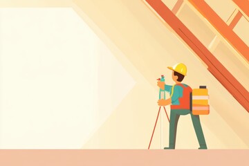 Worker with Level Tool and Backpack Inside Modern Building Structure