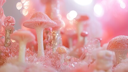 Enchanted pink mushroom landscape with sparkling elements and whimsical background lights