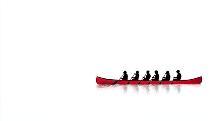 Silhouetted team paddling a red canoe across a calm lake with a minimalistic white background