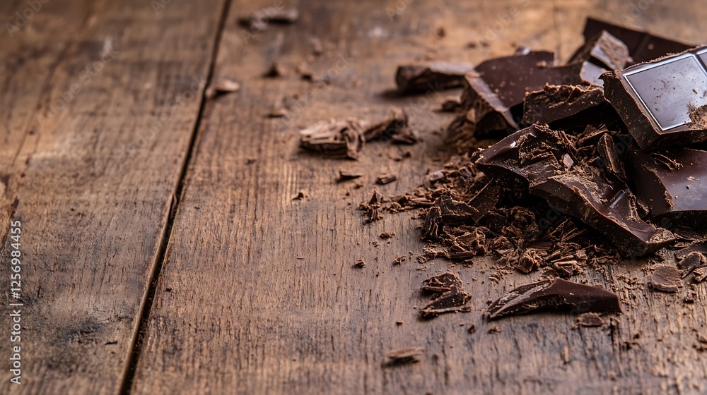 Aufkleber Close up of scattered chocolate chunks on a wooden table highlighting the rich textures and earthy tones : Generative AI