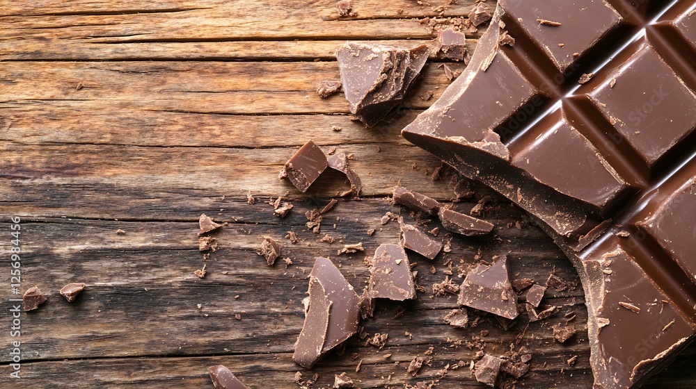 Poster Broken chocolate bar pieces scattered on rustic wooden surface creating a rich and tempting texture : Generative AI