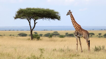 Graceful giraffe standing tall under an acacia tree in the African savanna landscape : Generative AI