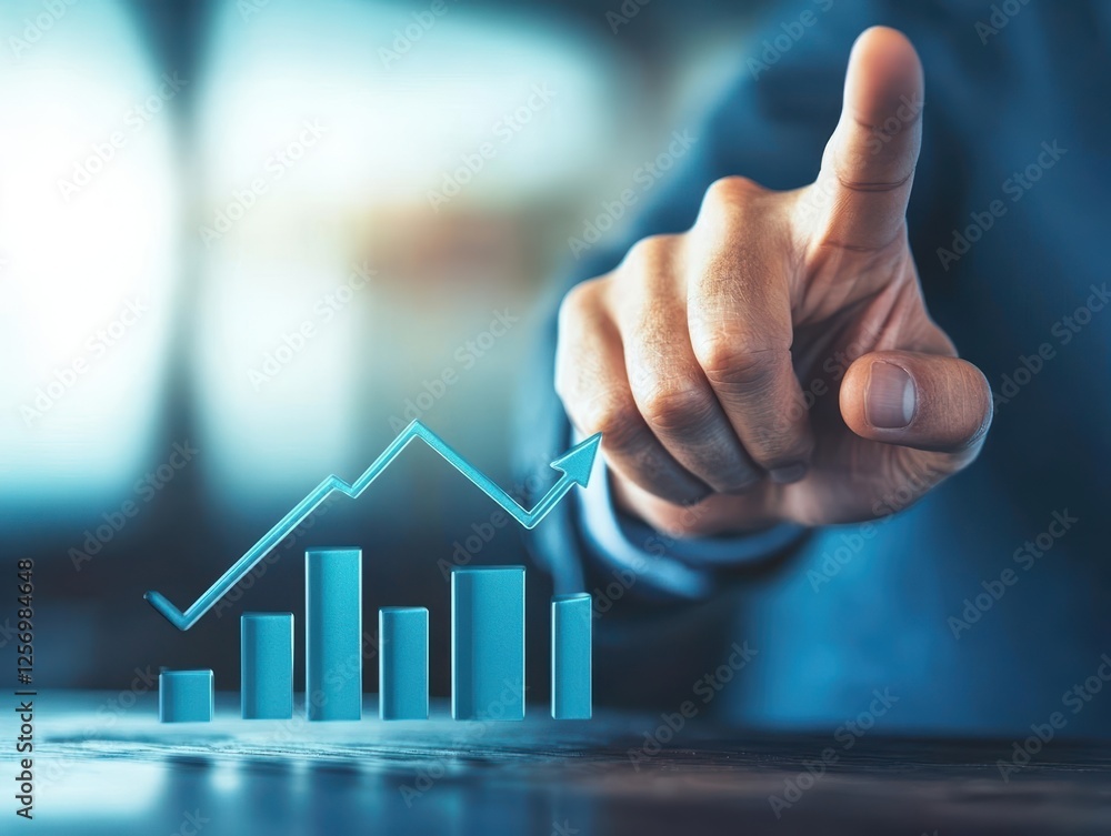 Poster Person pointing at a bar chart illustrating data trends and statistics in a business presentation setting