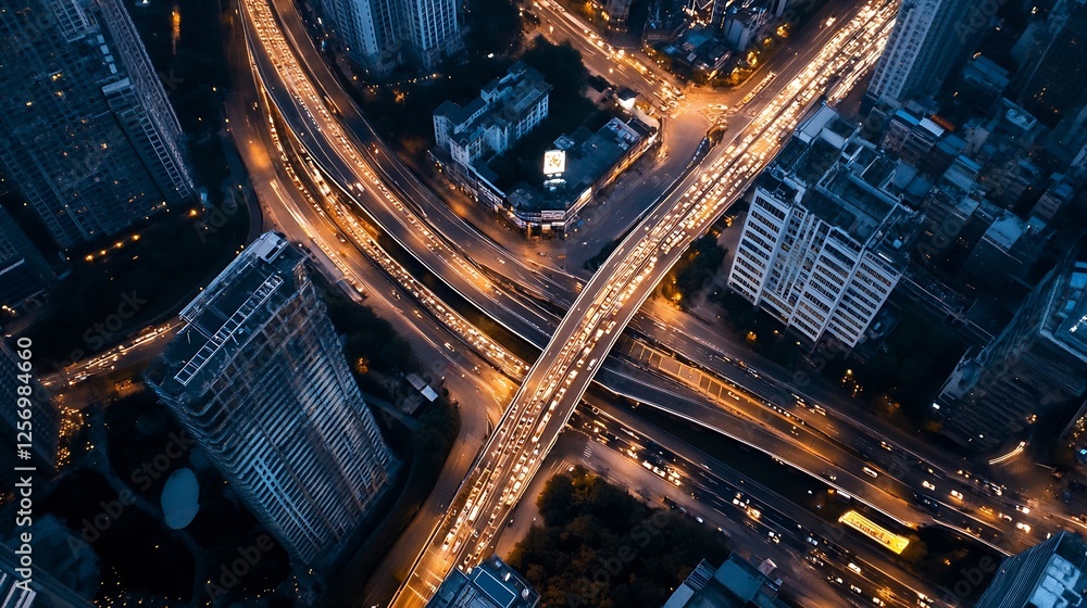 Poster aerial view of busy city intersections with flowing traffic and bright lights : generative ai