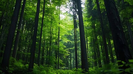 Tranquil view of a dense forest filled with lush green trees basking in natural sunlight : Generative AI