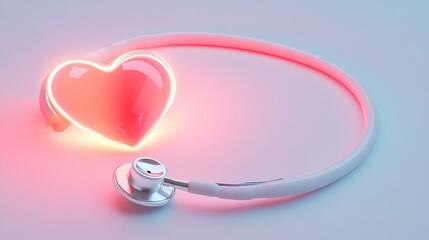 Fototapeta premium Heart-shaped object with stethoscope. Neon glow. Medical illustration. Use Healthcare education