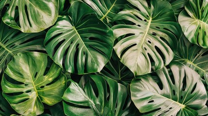 Lush green tropical leaves creating a vibrant natural backdrop for decorative purposes