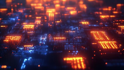 Obraz premium Digital Data Streams Flowing Dynamically Across Network Infrastructure, Illuminated in Vibrant Hues of Blue and Orange.