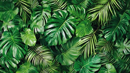 Lush green tropical leaves creating a dense foliage background, ideal for nature-themed designs