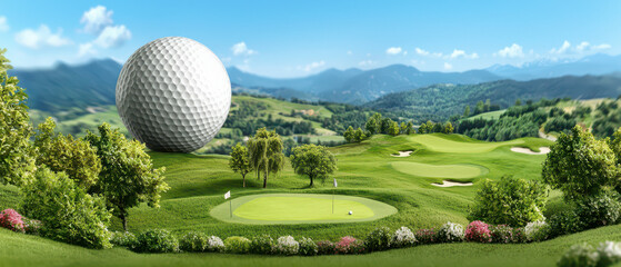 A surreal golf landscape featuring a giant golf ball, lush green fairways, and rolling hills under a clear blue sky.