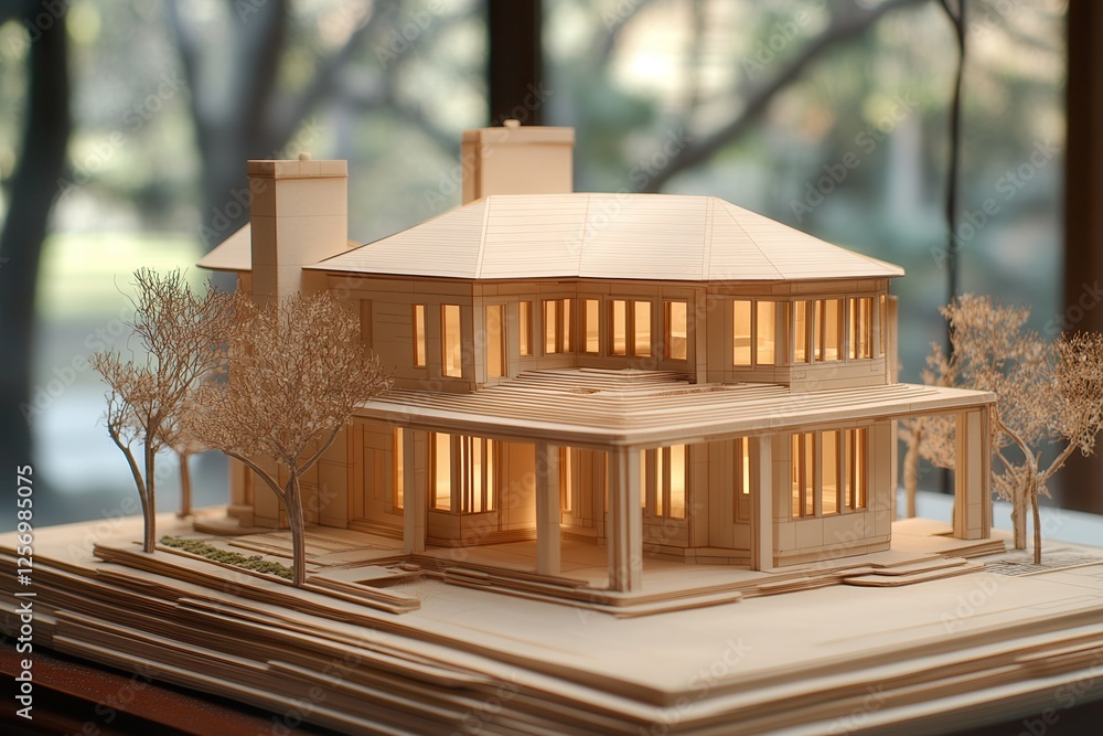 Poster building blueprint plans and house model . a house model elegantly placed on a table, illustrating v