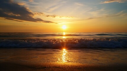 Obraz premium Stunning sunset over tranquil ocean waves with golden reflections on the water surface : Generative AI