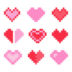 Vector pixel heart set in retro game style