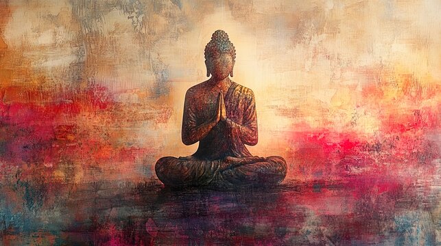 A serene glowing abstract blending icons of devotion with radiant peaceful tones