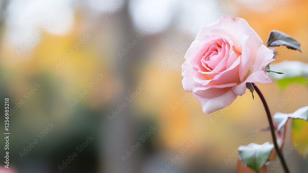Aufkleber delicate pink rose blooming in autumn with blurred colorful background and soft focus : generative a