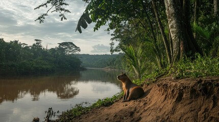Serene riverbank scene with a dog gazing at the tranquil water surrounded by lush jungle foliage