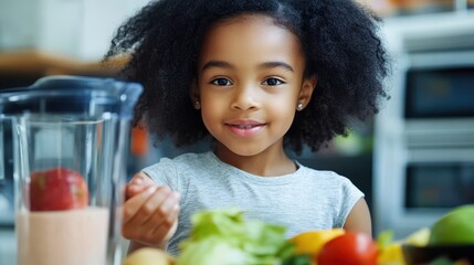 A young African American girl prepares a smoothie using fresh fruits in a clean kitchen space