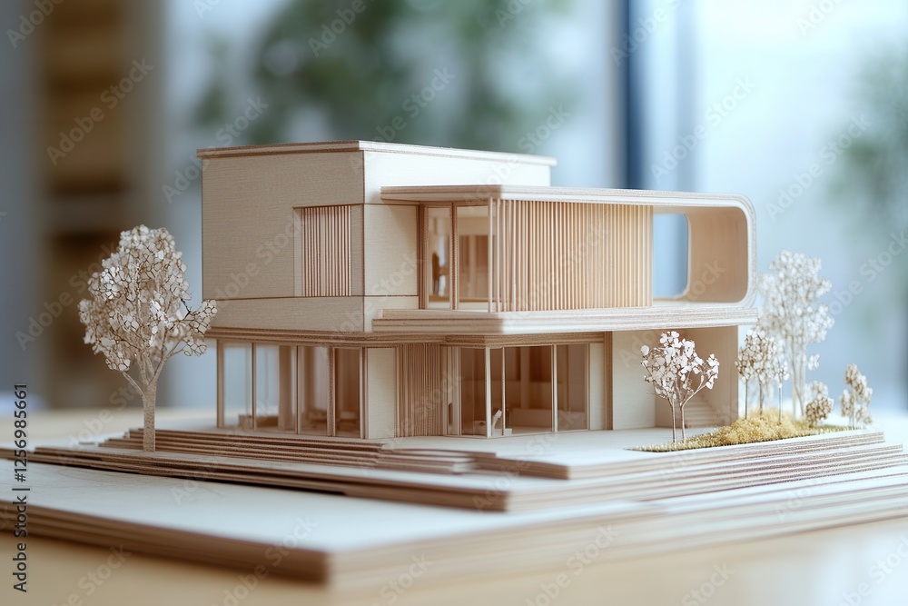 Poster building blueprint plans and house model . a house model elegantly placed on a table, illustrating v